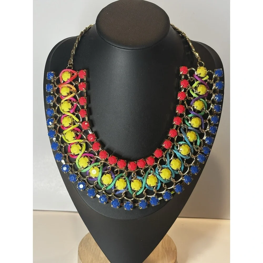 Neon Statement Bib Necklace Pink Blue Yellow Rhinestones Woven Cord 21
